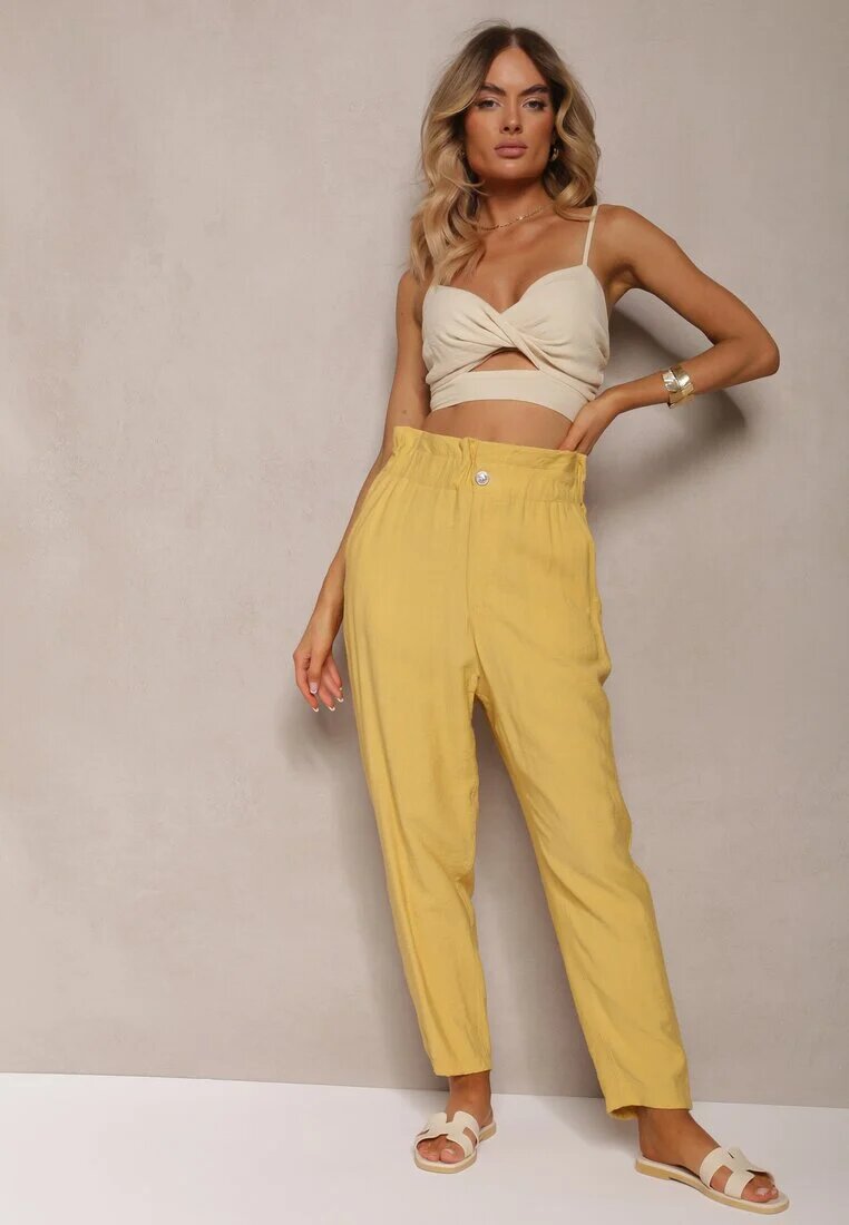 miss poem Pantaloni Clasici Galbeni cu Talie Elastică Paper Bag Targea