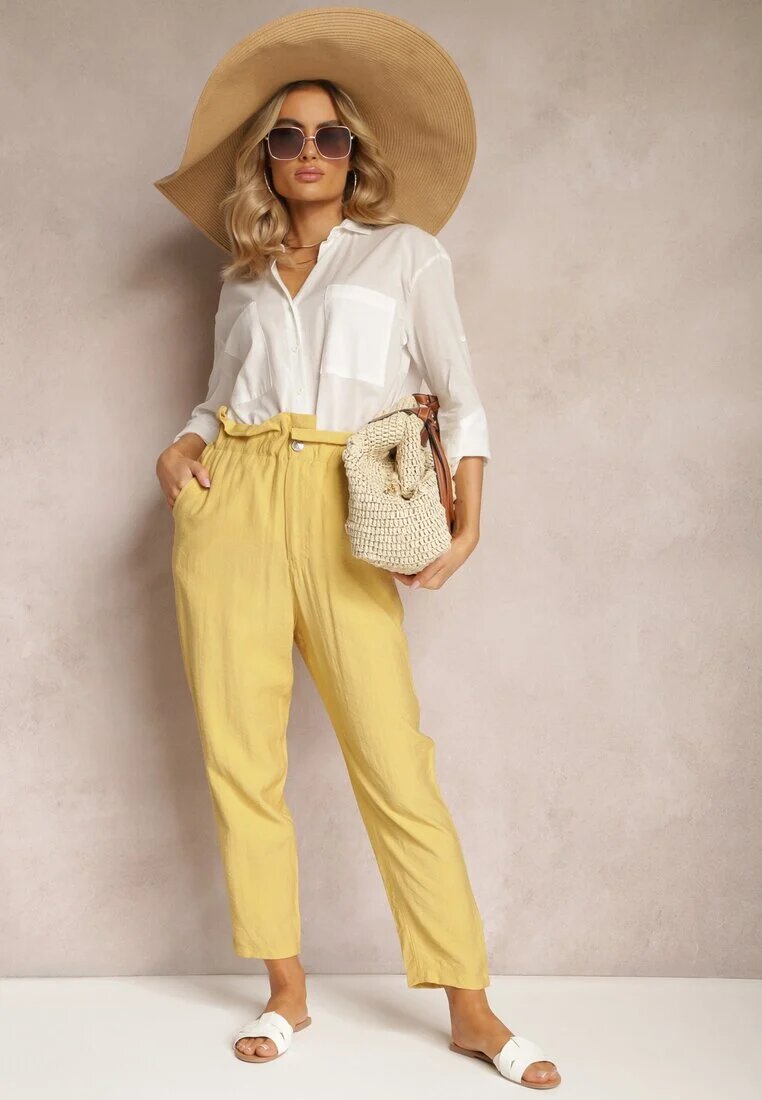 miss poem Pantaloni Clasici Galbeni cu Talie Elastică Paper Bag Targea