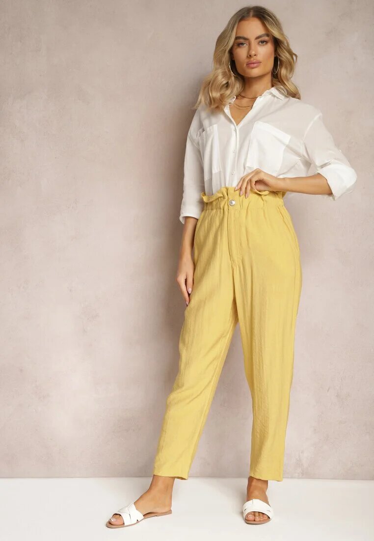 miss poem Pantaloni Clasici Galbeni cu Talie Elastică Paper Bag Targea