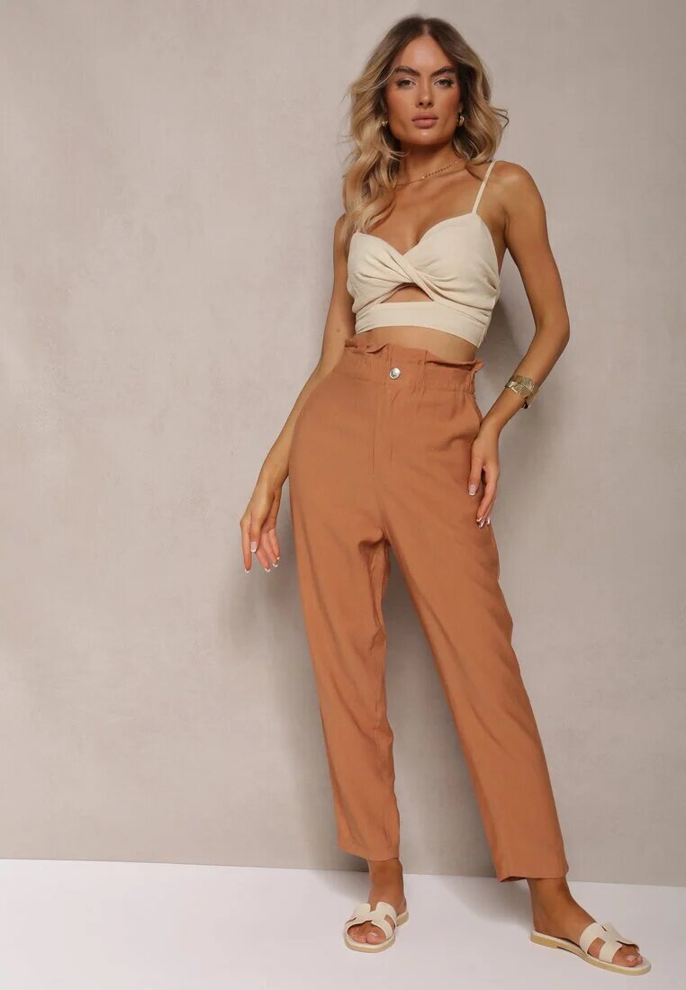 miss poem Pantaloni Clasici Maro cu Talie Elastică Paper Bag Targea