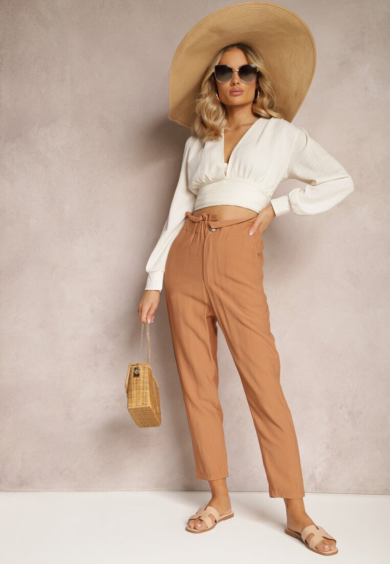 miss poem Pantaloni Clasici Maro cu Talie Elastică Paper Bag Targea