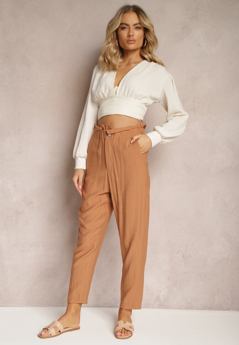 miss poem Pantaloni Clasici Maro cu Talie Elastică Paper Bag Targea