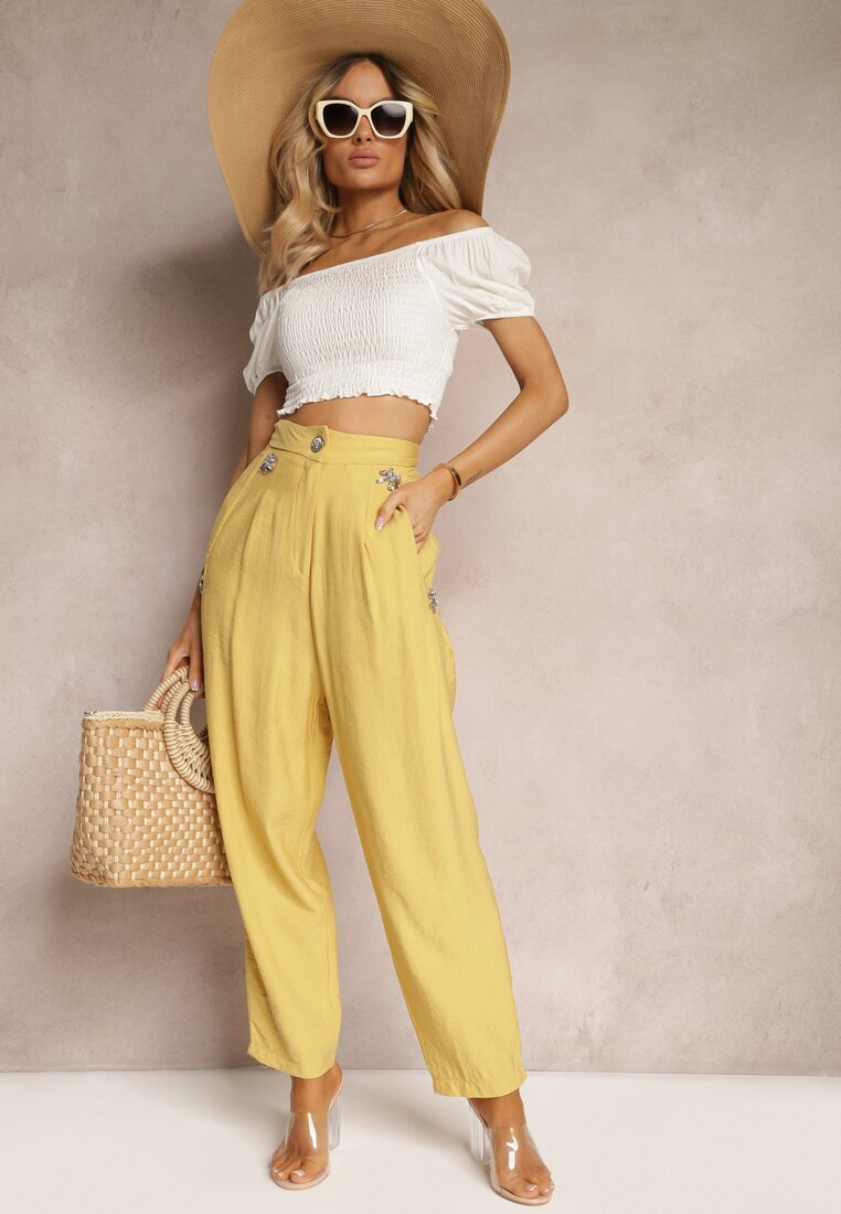 miss poem Pantaloni Galbeni talie înaltă decorați cu strasuri Sajara