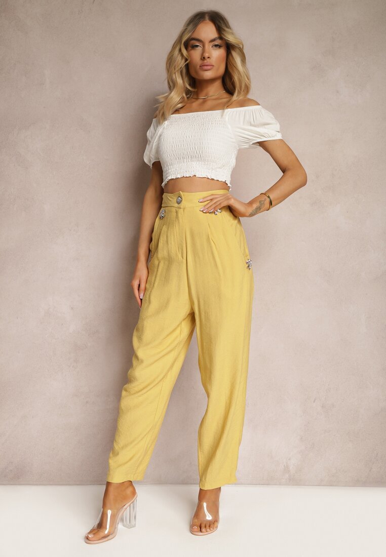 miss poem Pantaloni Galbeni talie înaltă decorați cu strasuri Sajara