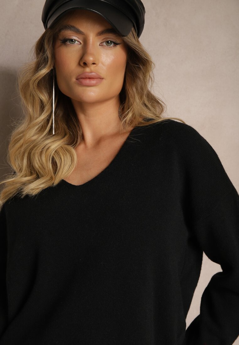 miss poem Pulover Negru cu Decolteu Triunghiular Vititana