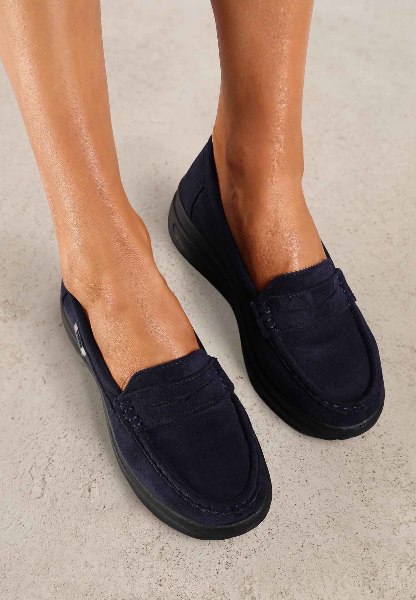  Mocasini Bleumarin din eco-piele întoarsă pe platformă decorați cu o baretă Adrancia