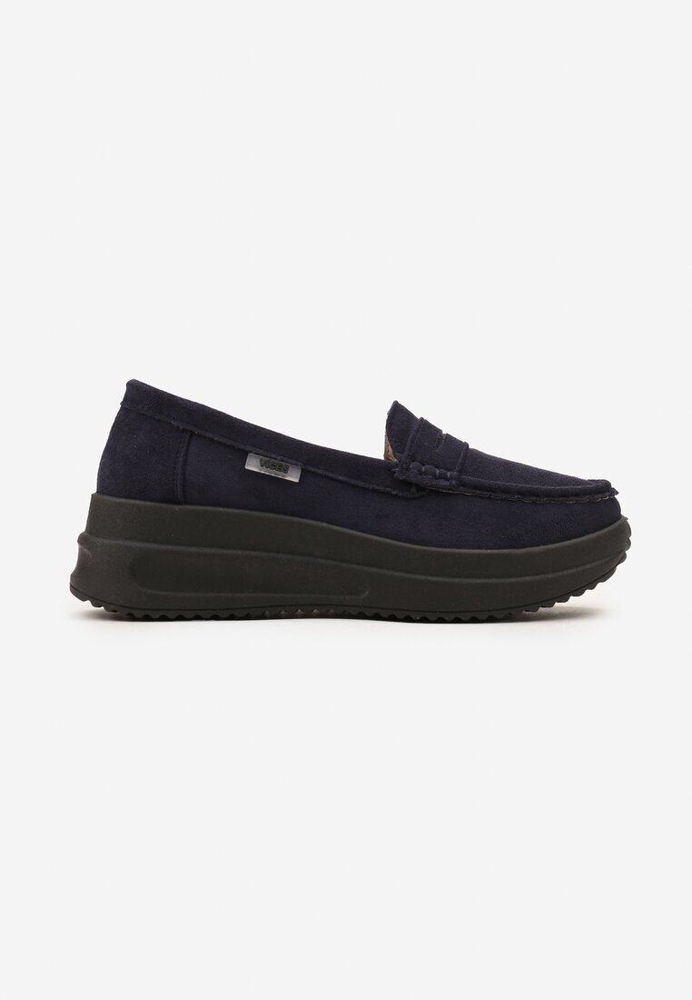  Mocasini Bleumarin din eco-piele întoarsă pe platformă decorați cu o baretă Adrancia