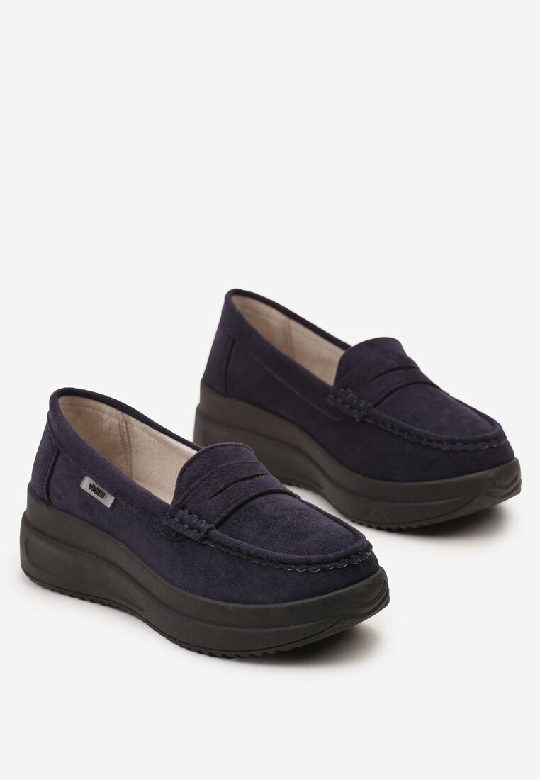  Mocasini Bleumarin din eco-piele întoarsă pe platformă decorați cu o baretă Adrancia