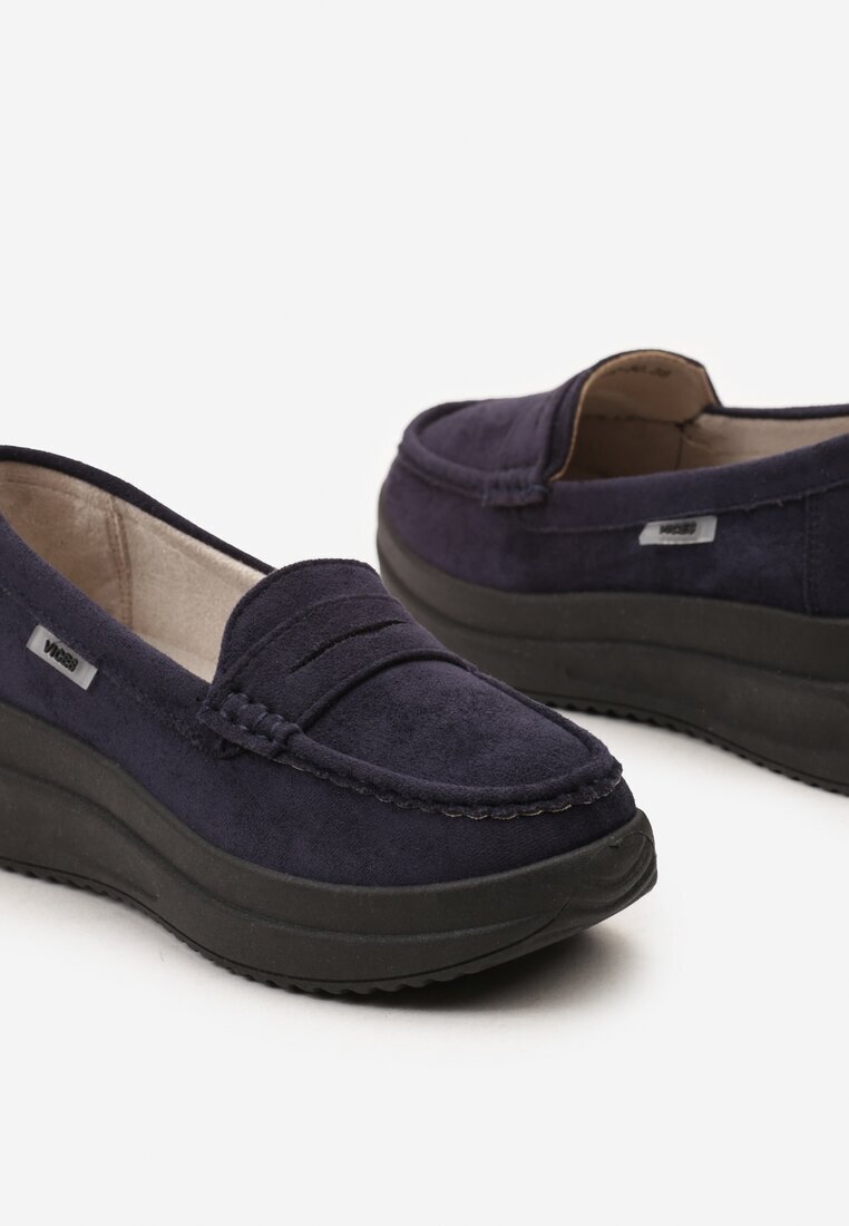  Mocasini Bleumarin din eco-piele întoarsă pe platformă decorați cu o baretă Adrancia
