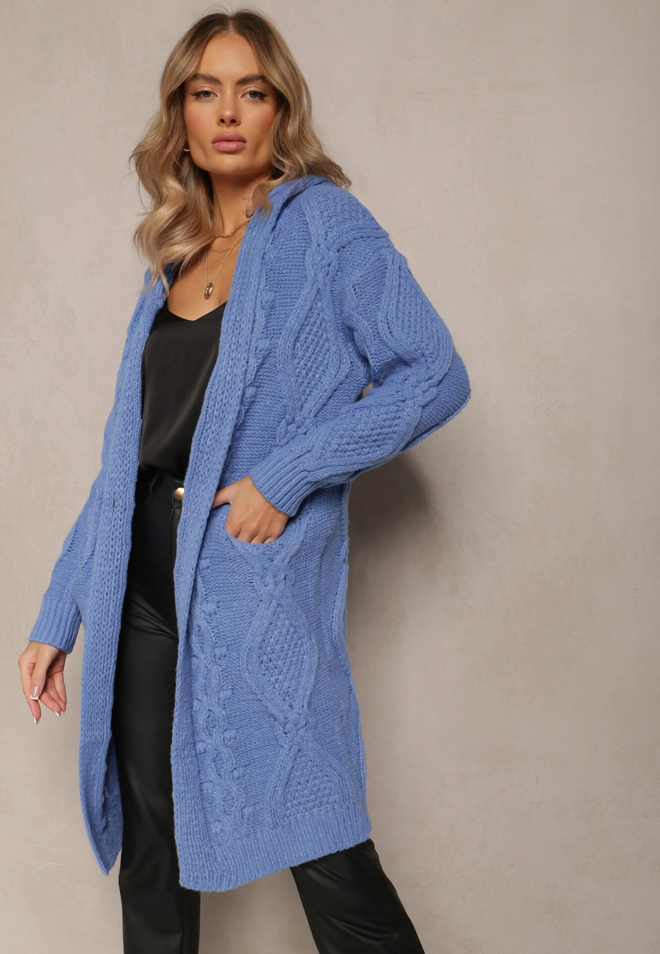 moni&co Cardigan Albastru cu Croială Lungă cu Glugă și Buzunare Oricyna