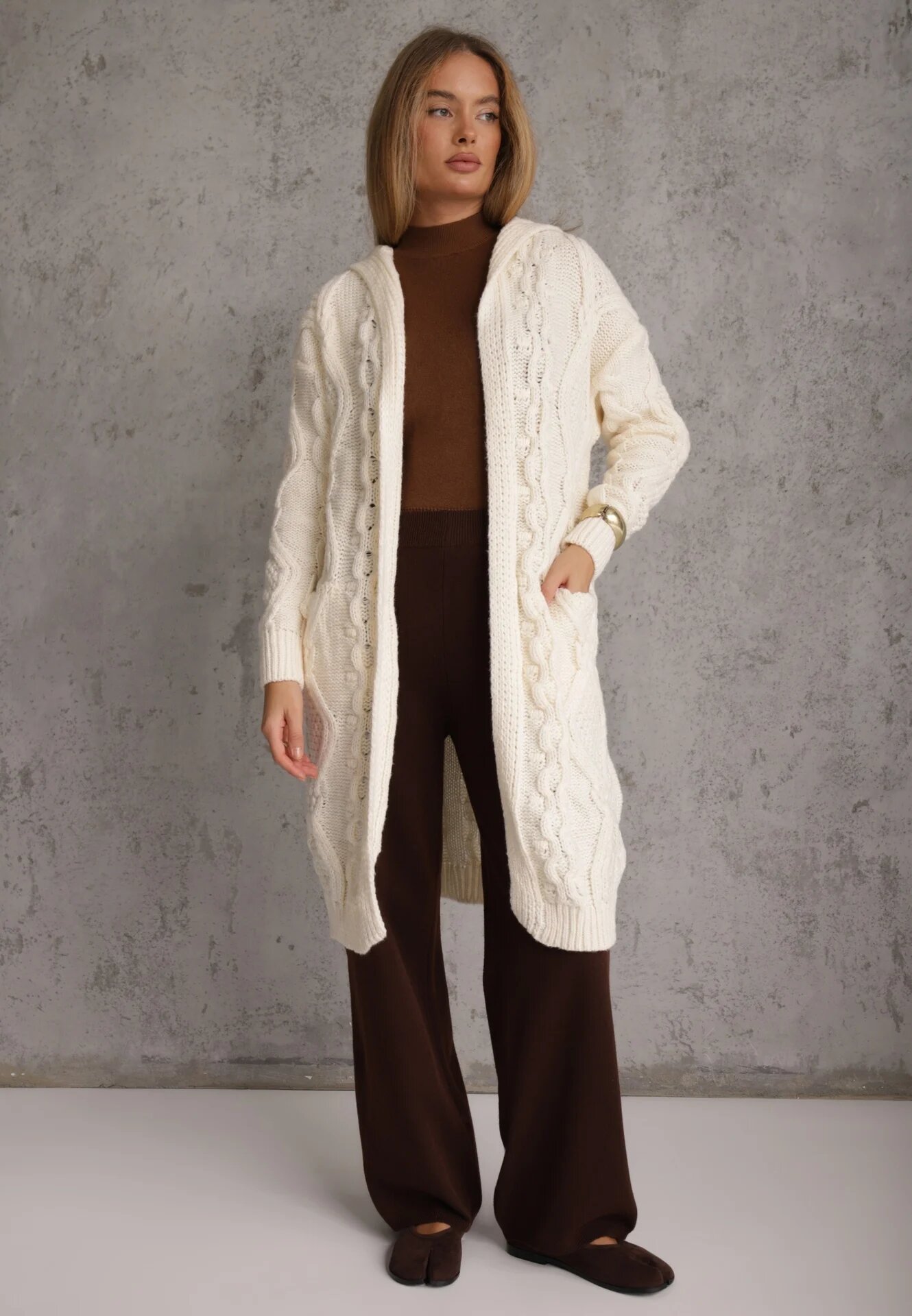 moni&co Cardigan Bej deschis lung cu glugă și buzunare Oricyna