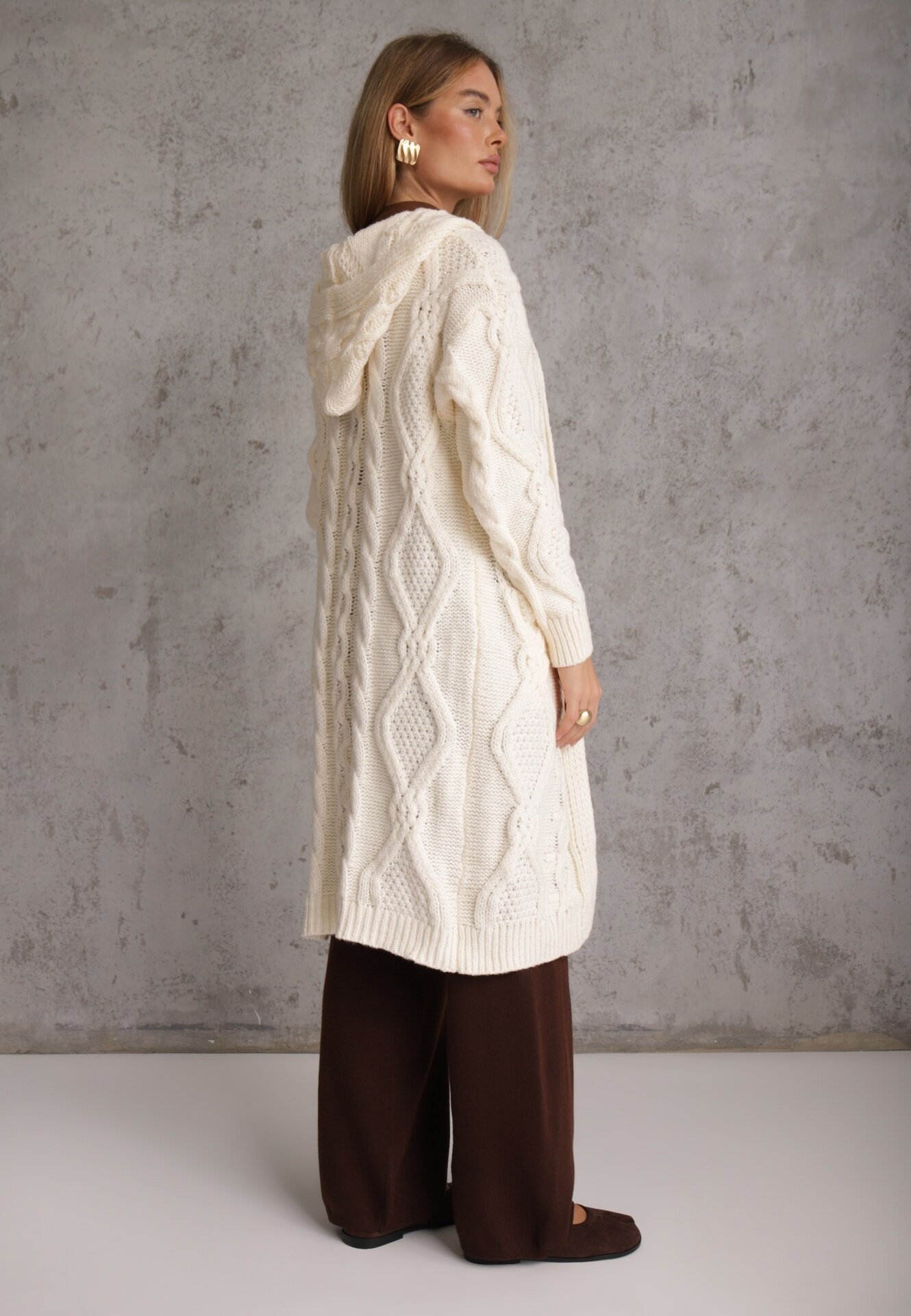 moni&co Cardigan Bej deschis lung cu glugă și buzunare Oricyna