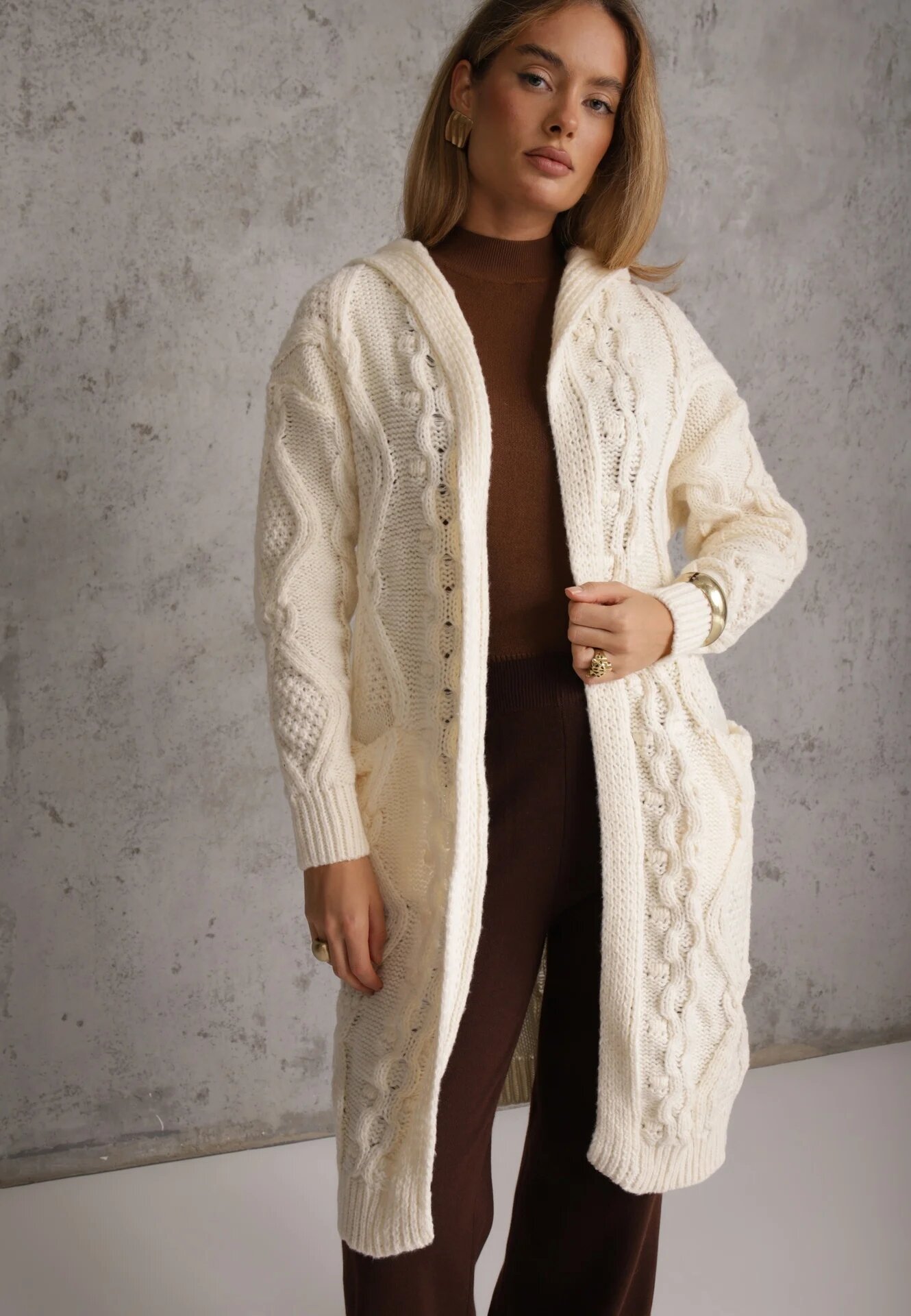 moni&co Cardigan Bej deschis lung cu glugă și buzunare Oricyna