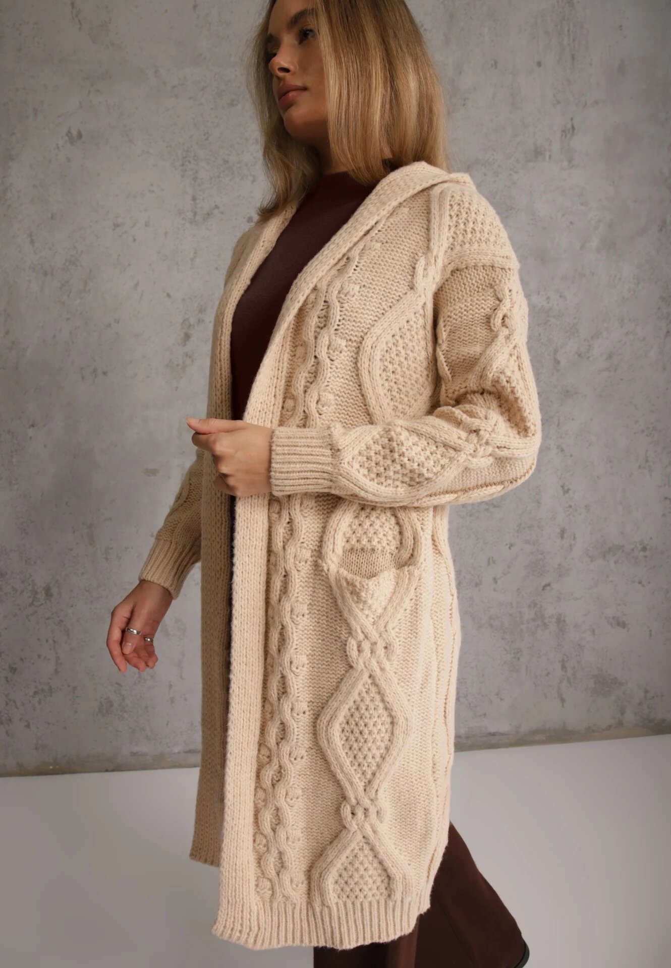 moni&co Cardigan Bej Lung cu Glugă și Buzunare Oricyna