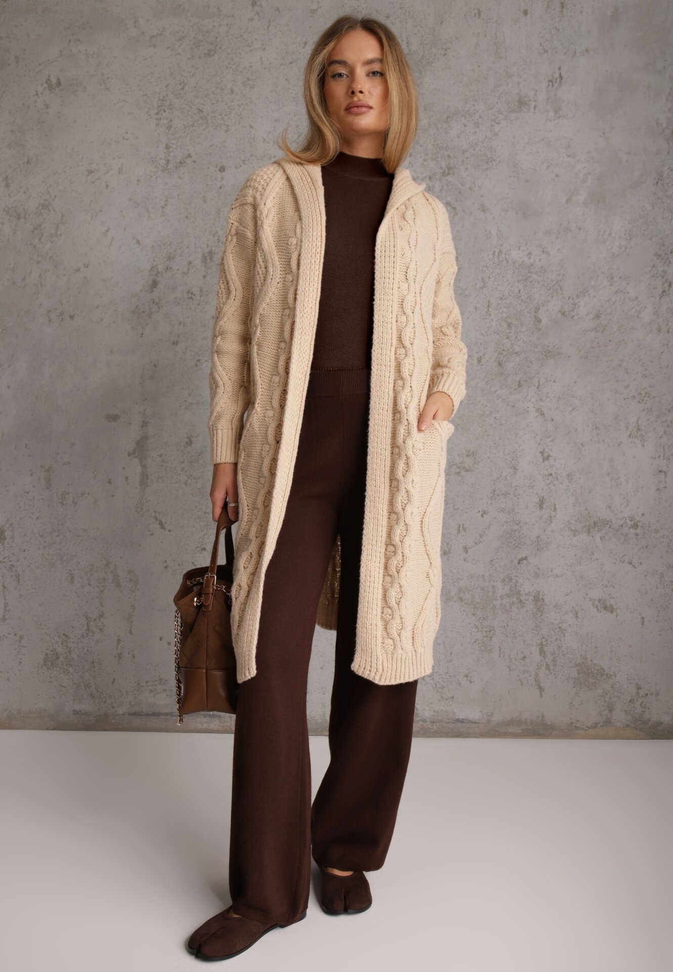 moni&co Cardigan Bej Lung cu Glugă și Buzunare Oricyna