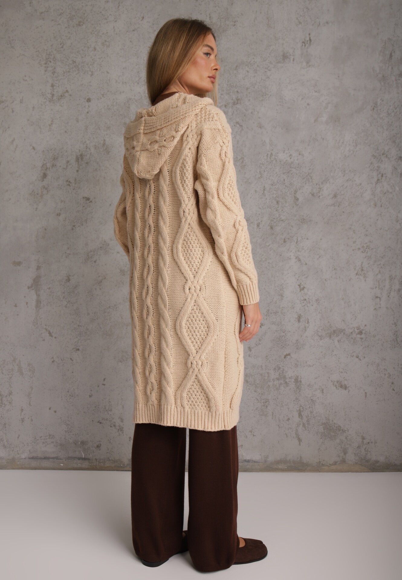 moni&co Cardigan Bej Lung cu Glugă și Buzunare Oricyna