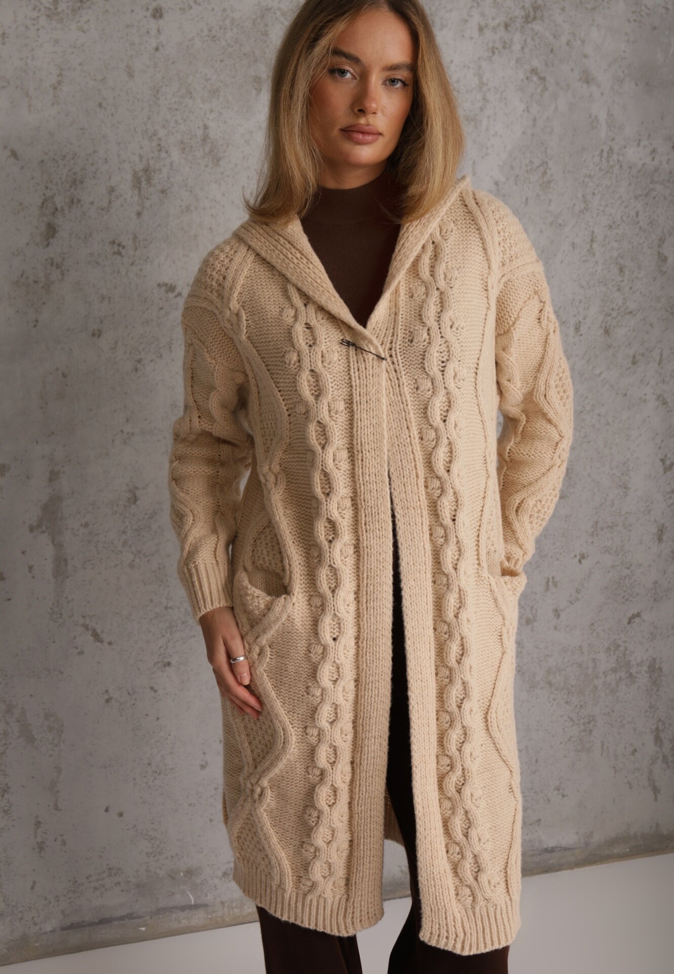 moni&co Cardigan Bej Lung cu Glugă și Buzunare Oricyna