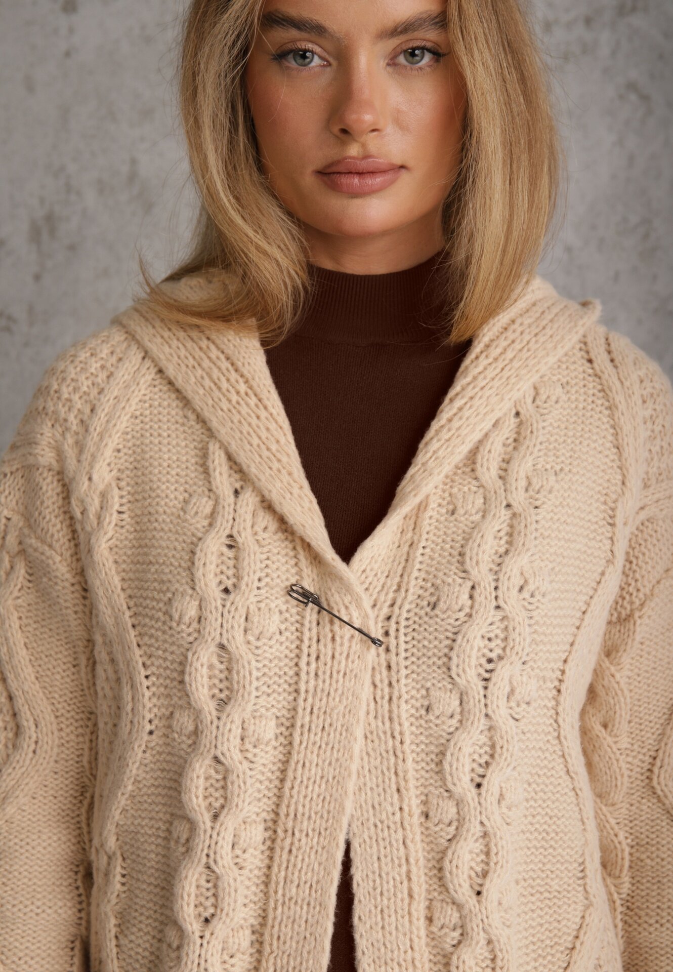 moni&co Cardigan Bej Lung cu Glugă și Buzunare Oricyna
