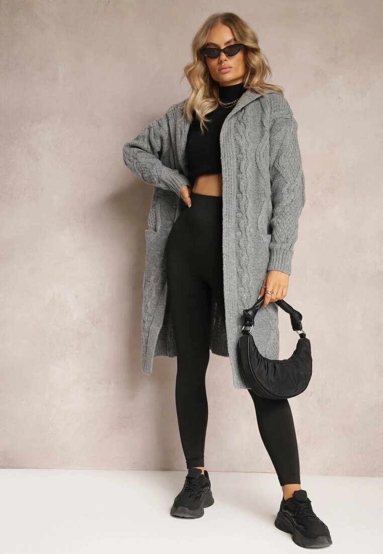 moni&co Cardigan Gri închis lung cu glugă și buzunare Oricyna