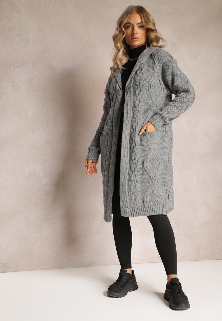 moni&co Cardigan Gri închis lung cu glugă și buzunare Oricyna