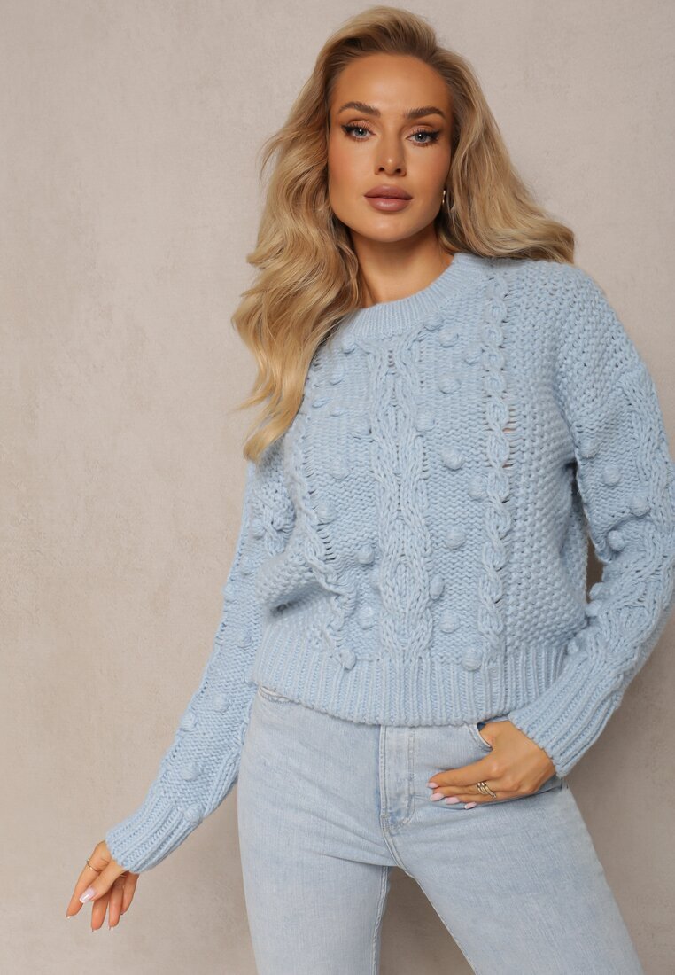 moni&co Pulover Albastru Împletit Gros cu Lână și Bumbac Bavime