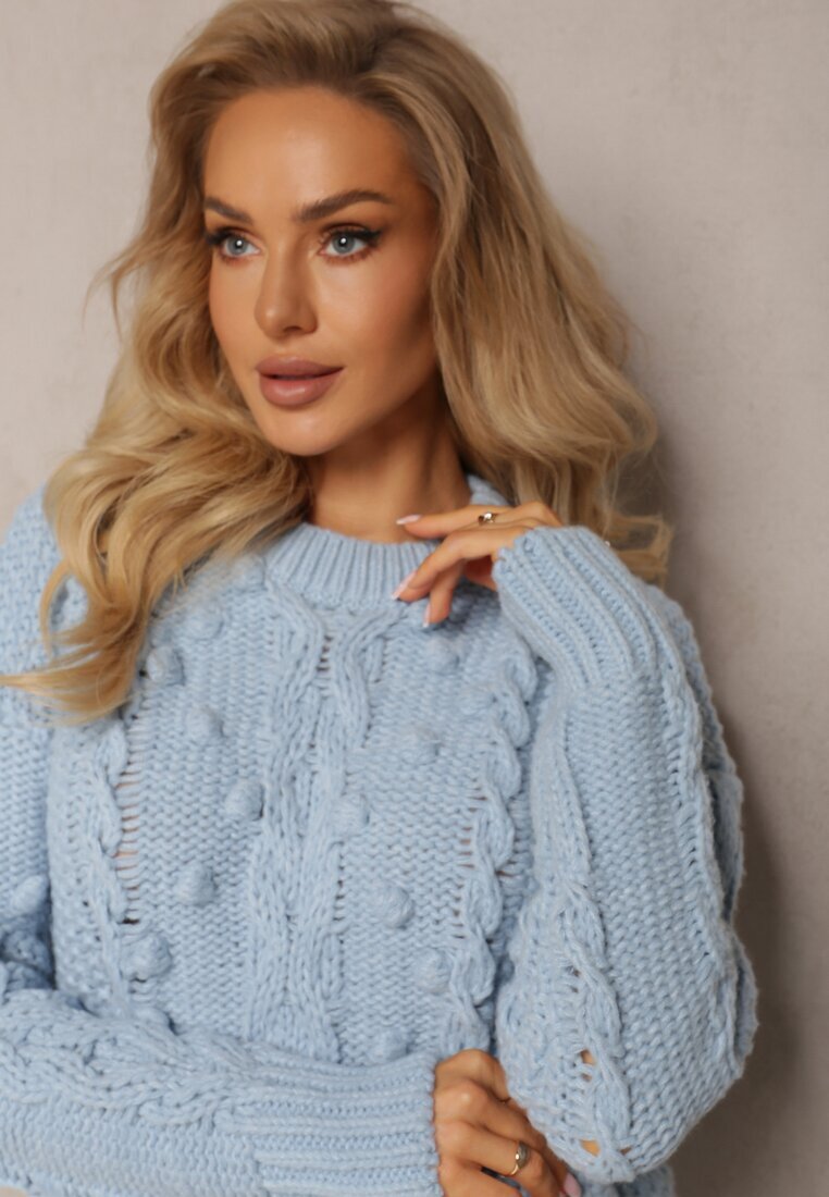 moni&co Pulover Albastru Împletit Gros cu Lână și Bumbac Bavime