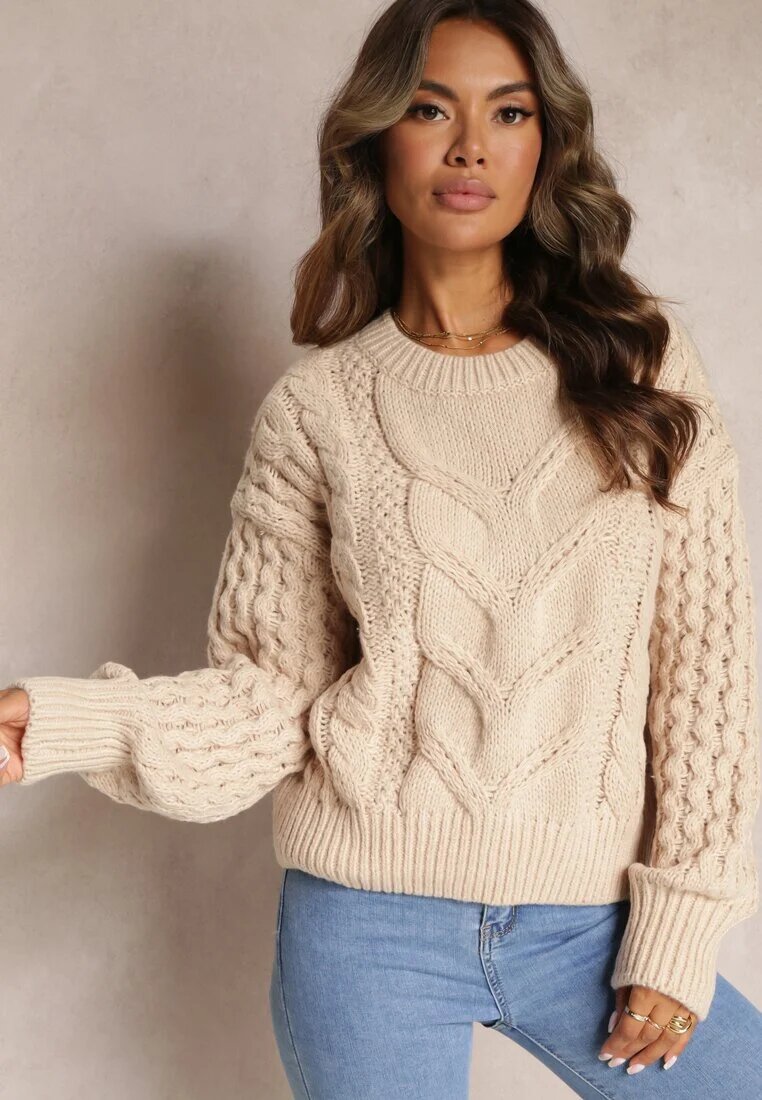 moni&co Pulover Bej din Lână și Bumbac cu Model împletit Kestina