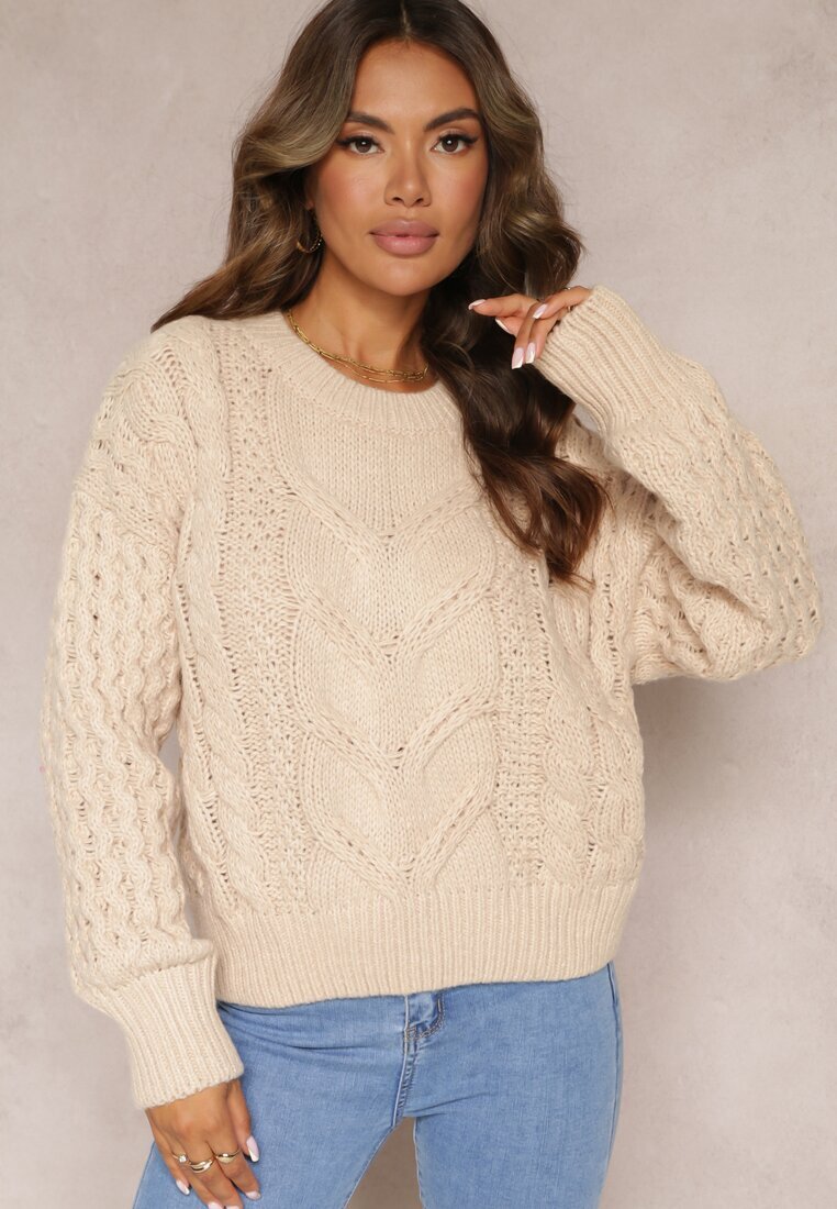 moni&co Pulover Bej din Lână și Bumbac cu Model împletit Kestina