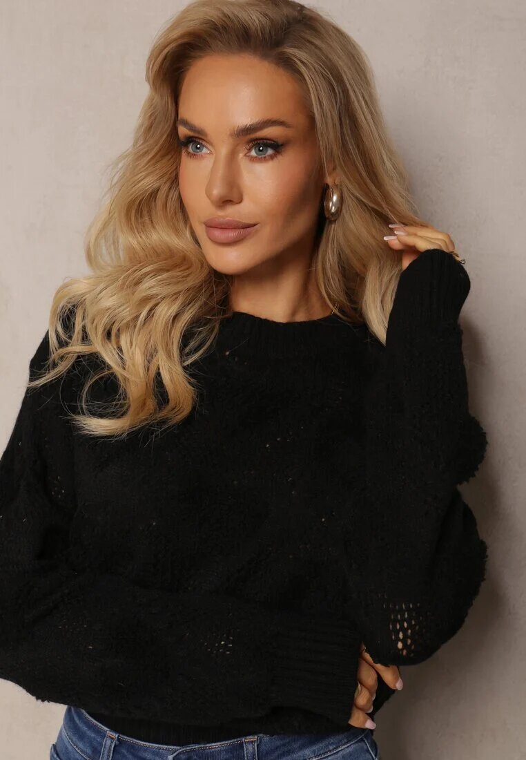moni&co Pulover Clasic Negru cu Impletitură cu Inimi și Benzi elastice Miadove
