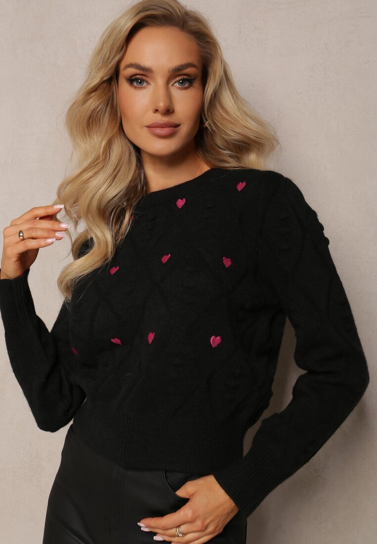 moni&co Pulover Negru Clasic cu Borduri și Broderii Decorative Reani