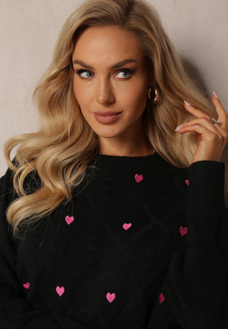 moni&co Pulover Negru Clasic cu Borduri și Broderii Decorative Reani