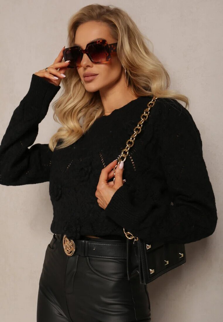 moni&co Pulover Negru cu Croi Clasic Decorat cu Flori 3D din Țesătură Loraxis