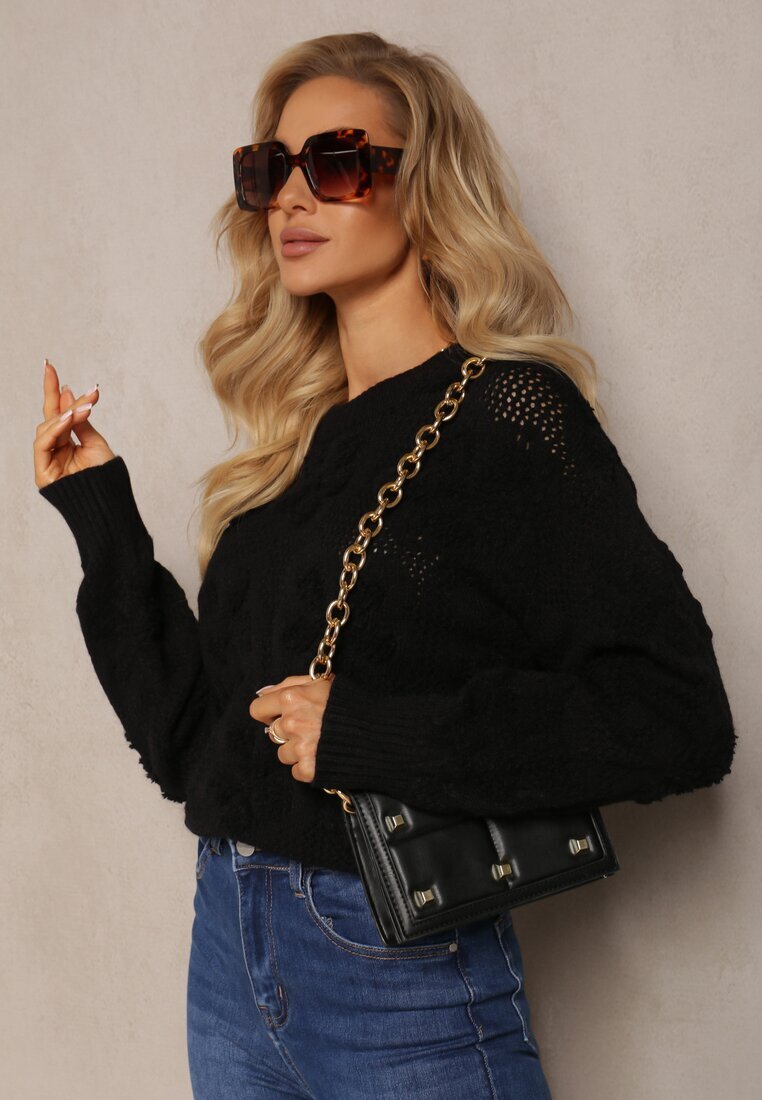 moni&co Pulover negru cu lână și bumbac cu inserții de pluș Alrua