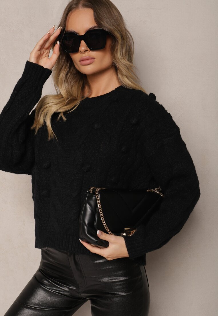 moni&co Pulover Negru cu Lână și Vâscoză Ornat cu Embosare și Mărgele Vaiannae