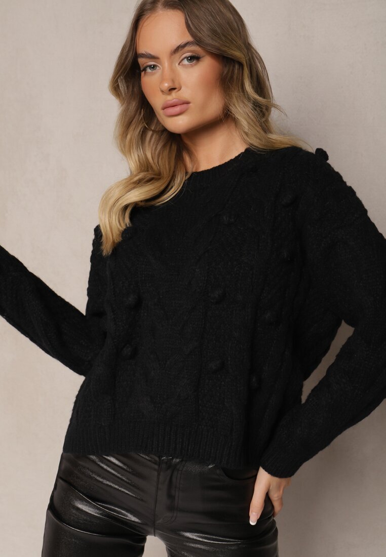 moni&co Pulover Negru cu Lână și Vâscoză Ornat cu Embosare și Mărgele Vaiannae
