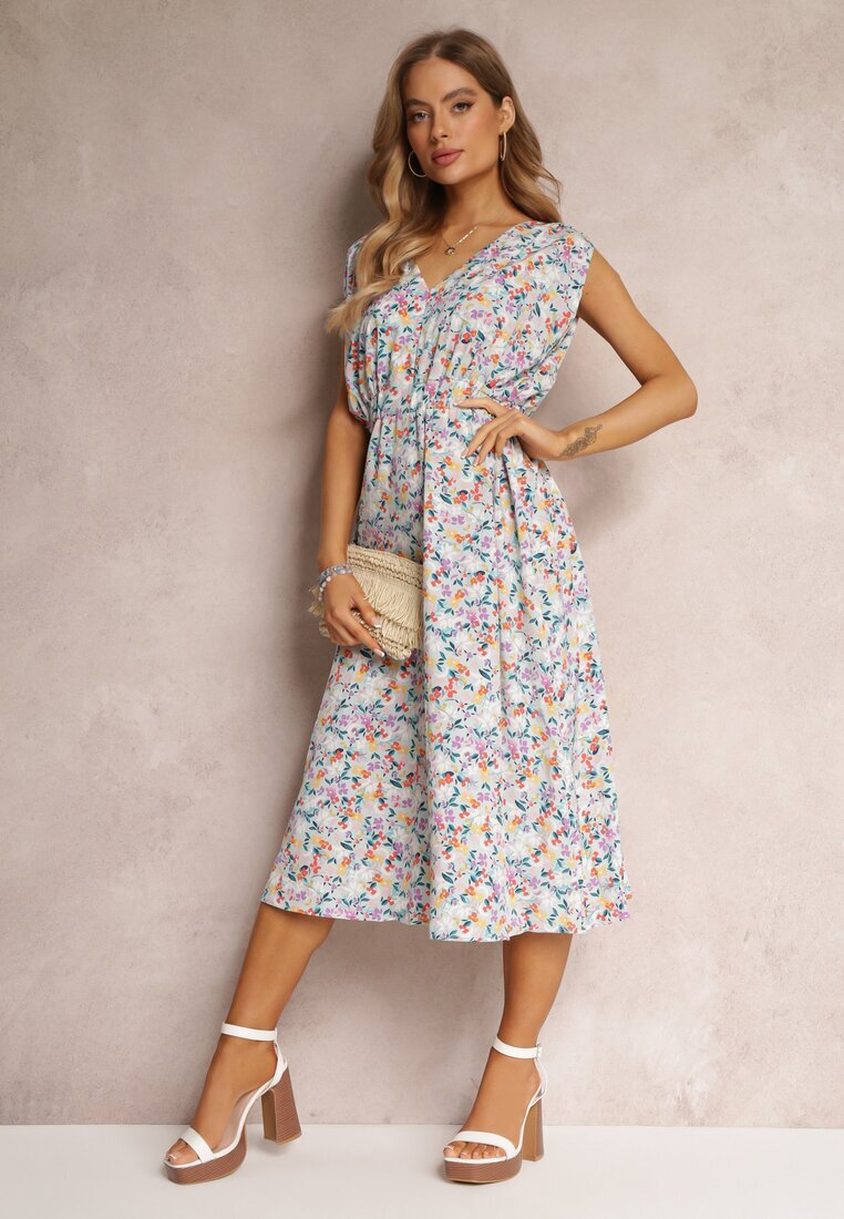 moni&co Rochie Albastră Florală Midi fără Mâneci cu Elastic în Talie Thallu