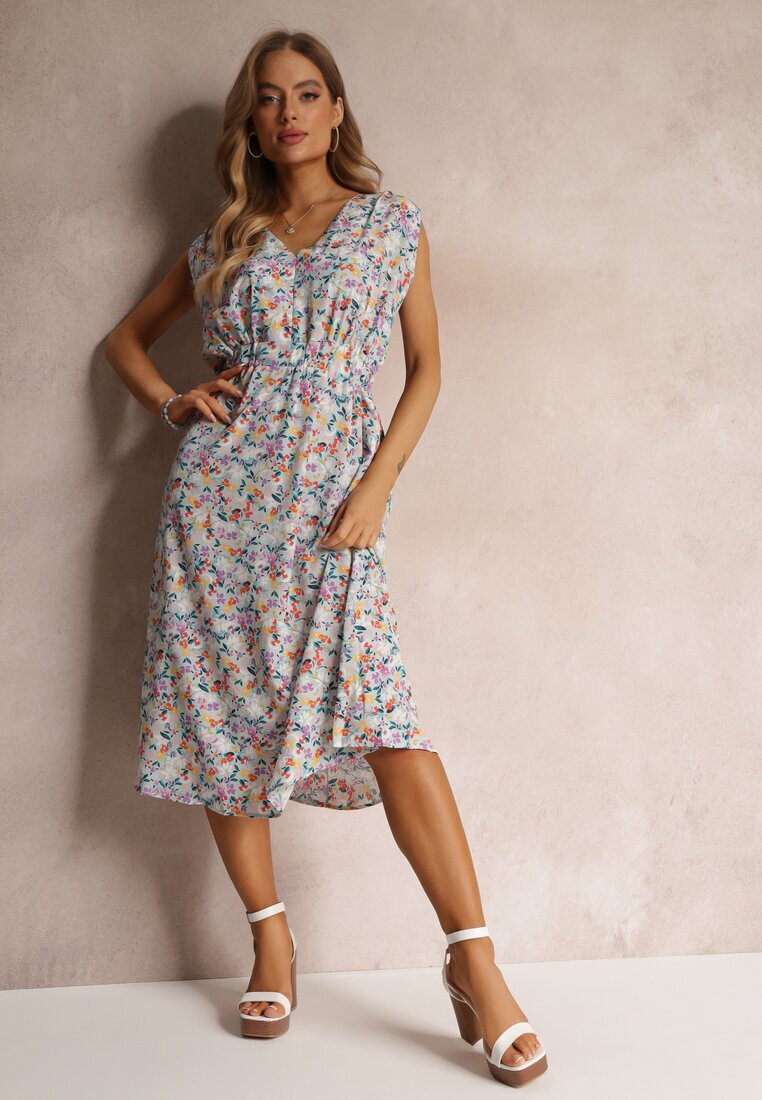 moni&co Rochie Albastră Florală Midi fără Mâneci cu Elastic în Talie Thallu