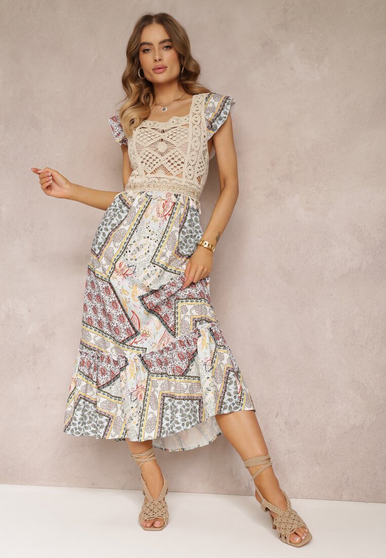 moni&co Rochie Albastru-Bej din Bumbac cu Inserție Croșetată și cu Model Paisley Rynlia