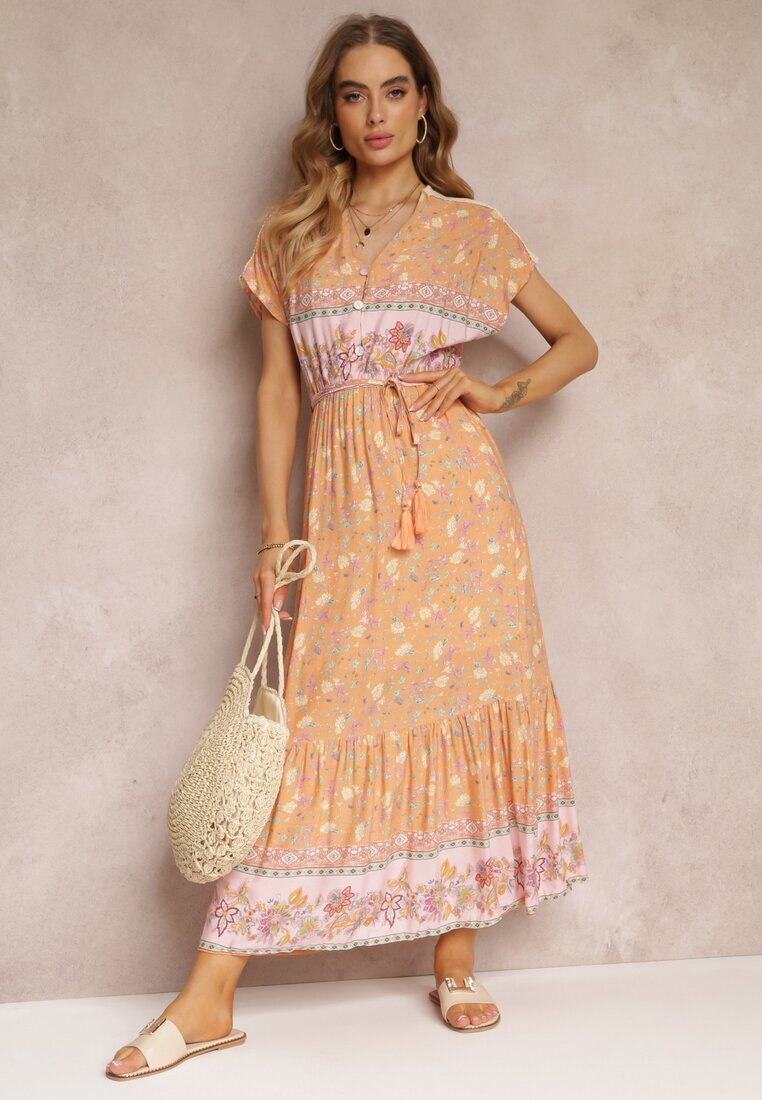 moni&co Rochie Maxi Evazată Portocaliu-Roz cu Elastic în Talie din Bumbac Besie