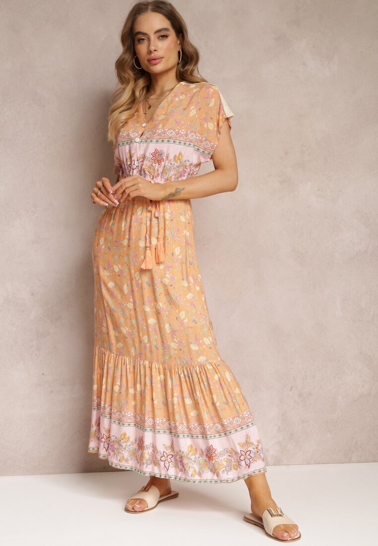 moni&co Rochie Maxi Evazată Portocaliu-Roz cu Elastic în Talie din Bumbac Besie