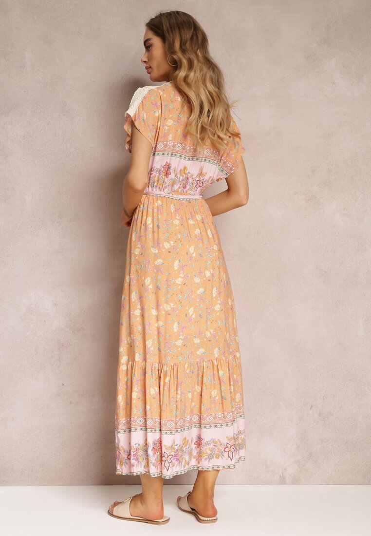 moni&co Rochie Maxi Evazată Portocaliu-Roz cu Elastic în Talie din Bumbac Besie