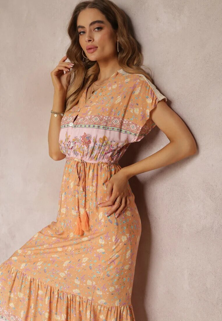 moni&co Rochie Maxi Evazată Portocaliu-Roz cu Elastic în Talie din Bumbac Besie