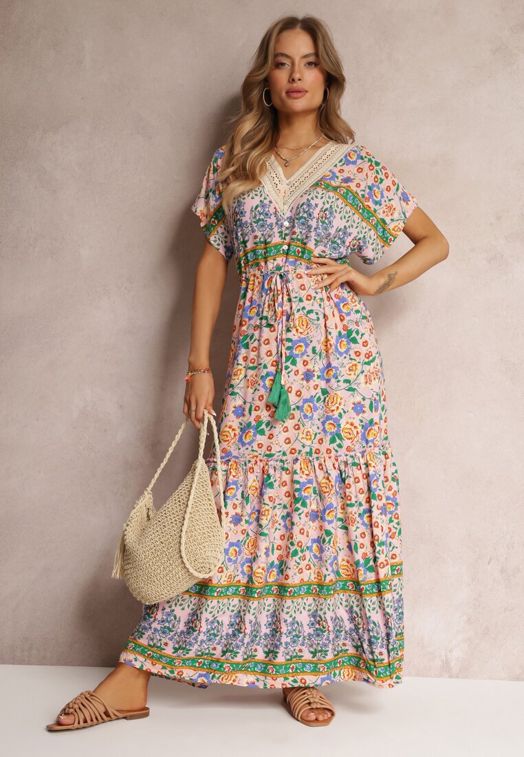 moni&co Rochie Maxi Roz-Albastru cu șnur în talie și inserție din dantelă la decolteu Mererid
