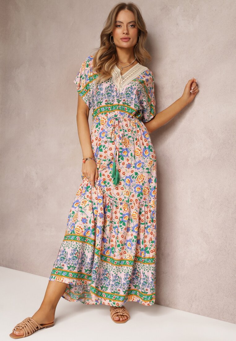 moni&co Rochie Maxi Roz-Albastru cu șnur în talie și inserție din dantelă la decolteu Mererid