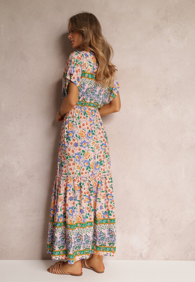 moni&co Rochie Maxi Roz-Albastru cu șnur în talie și inserție din dantelă la decolteu Mererid