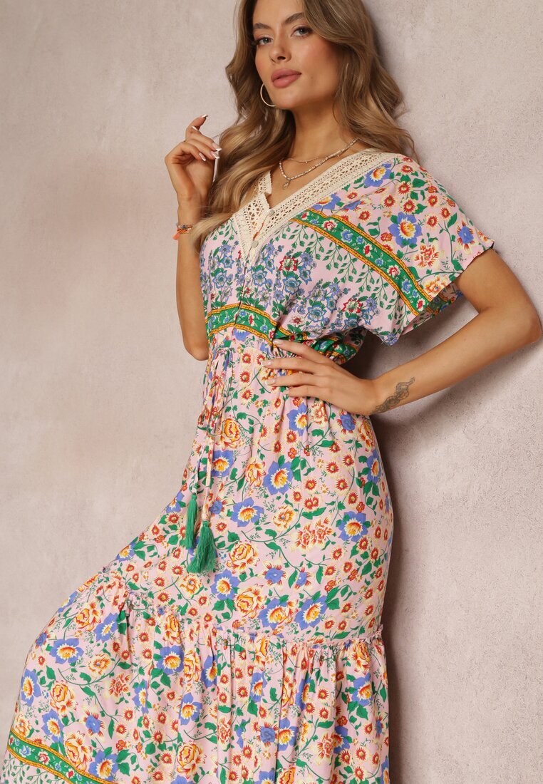 moni&co Rochie Maxi Roz-Albastru cu șnur în talie și inserție din dantelă la decolteu Mererid