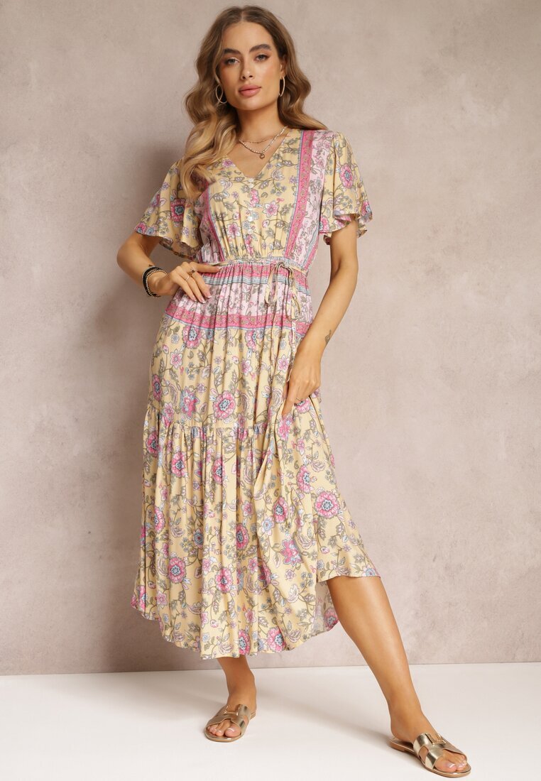 moni&co Rochie Midi Florală Galbenă cu elastic în talie și volan la mâneci Hachitane