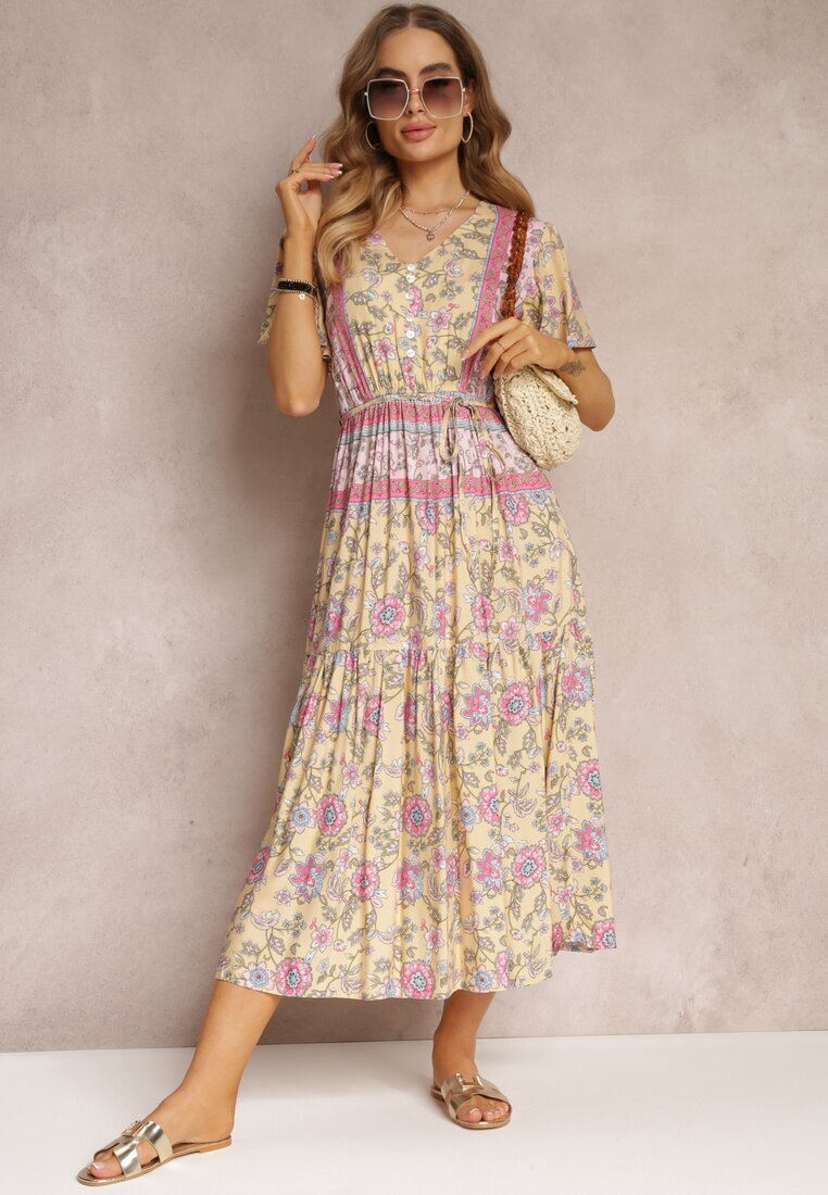 moni&co Rochie Midi Florală Galbenă cu elastic în talie și volan la mâneci Hachitane