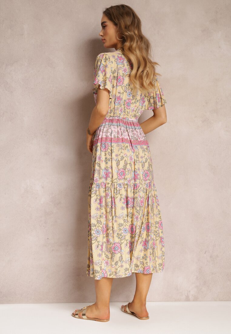 moni&co Rochie Midi Florală Galbenă cu elastic în talie și volan la mâneci Hachitane