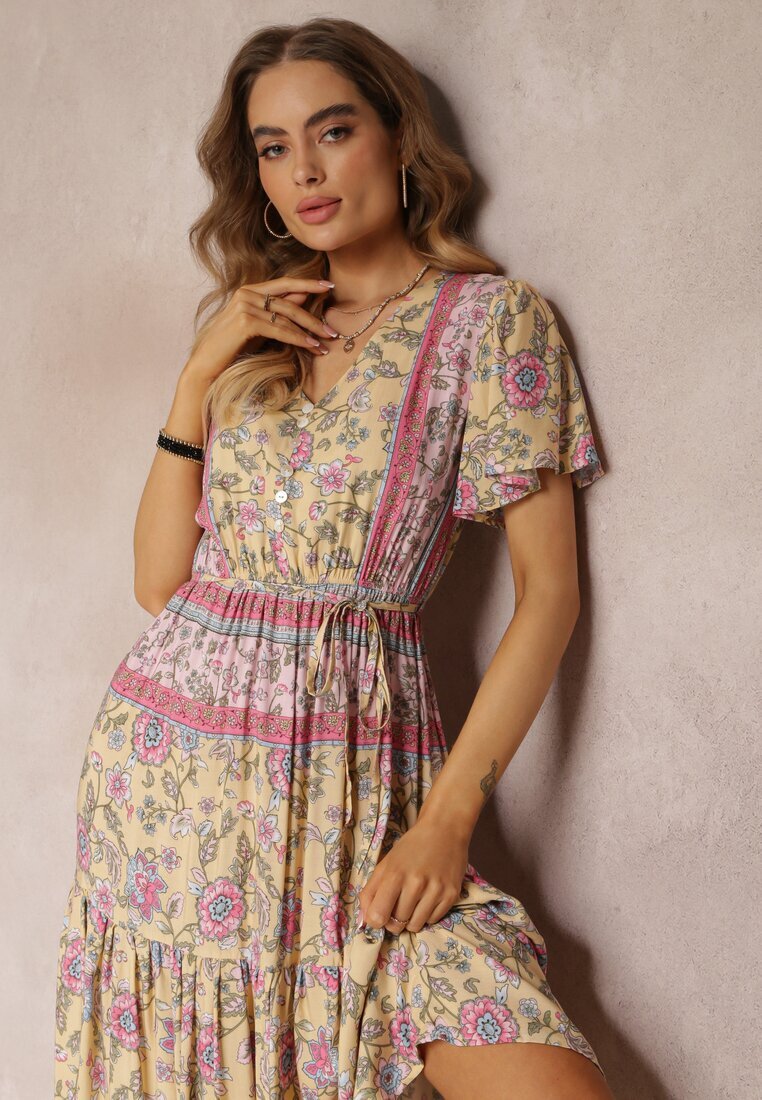 moni&co Rochie Midi Florală Galbenă cu elastic în talie și volan la mâneci Hachitane